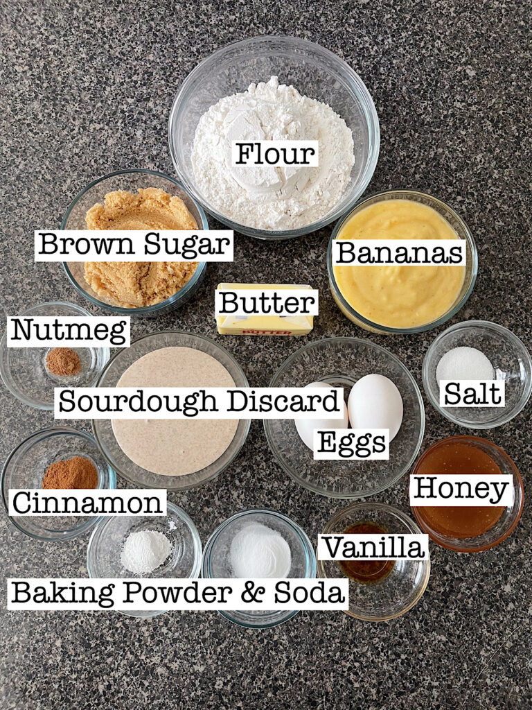 Ingredients to make sourdough banana bread.