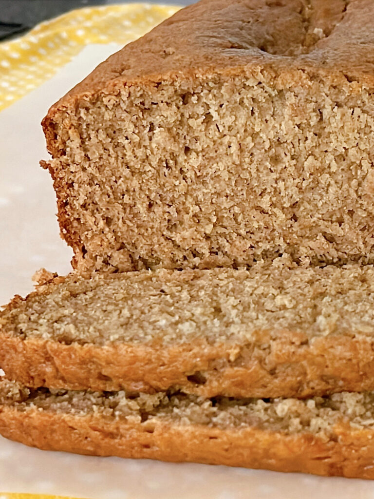 Sourdough banana bread cut into slices.