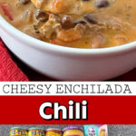 A photo collage of cheesy enchilada chili.