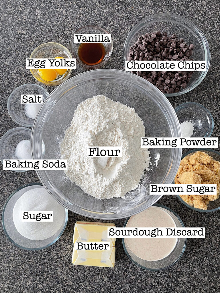 Ingredients to make chocolate chip cookies with sourdough discard.