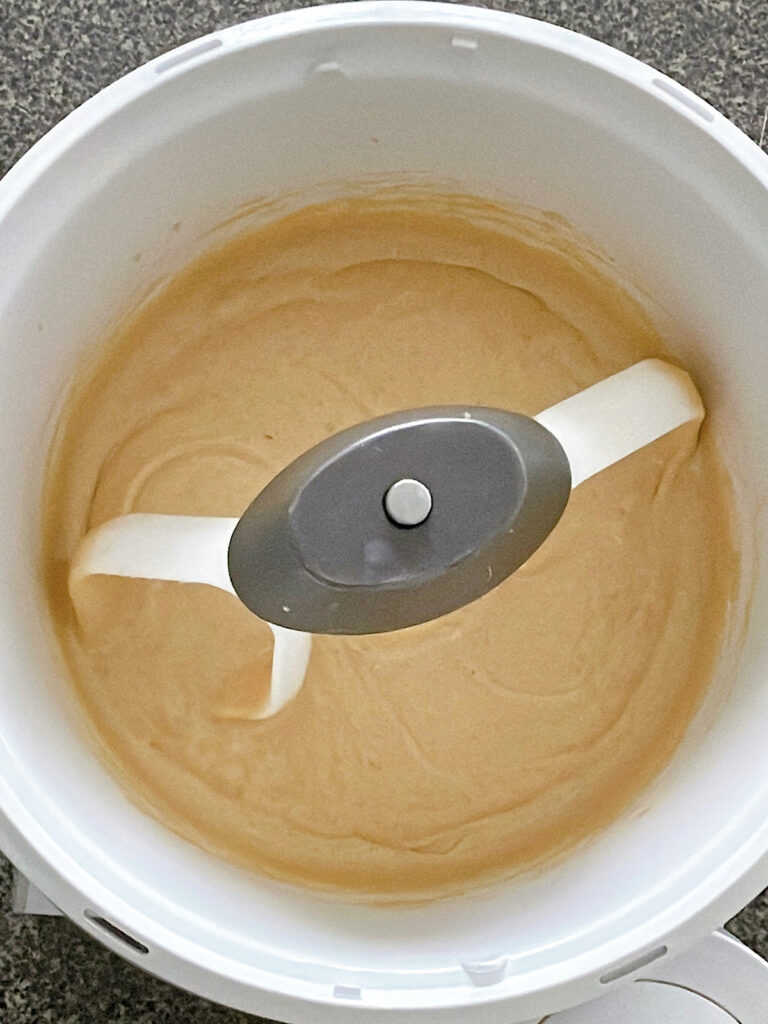 Browned butter mixed with sugar, brown sugar, eggs, sourdough discard, and vanilla in a stand mixer.
