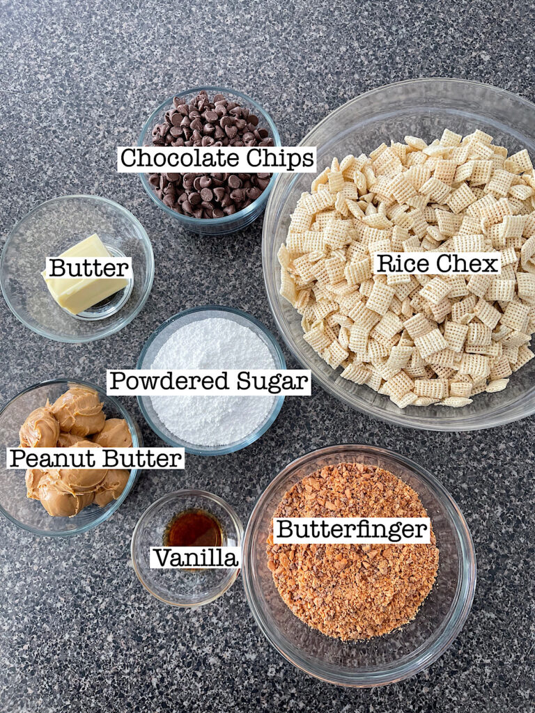Ingredients to make Butterfinger Muddy Buddies.