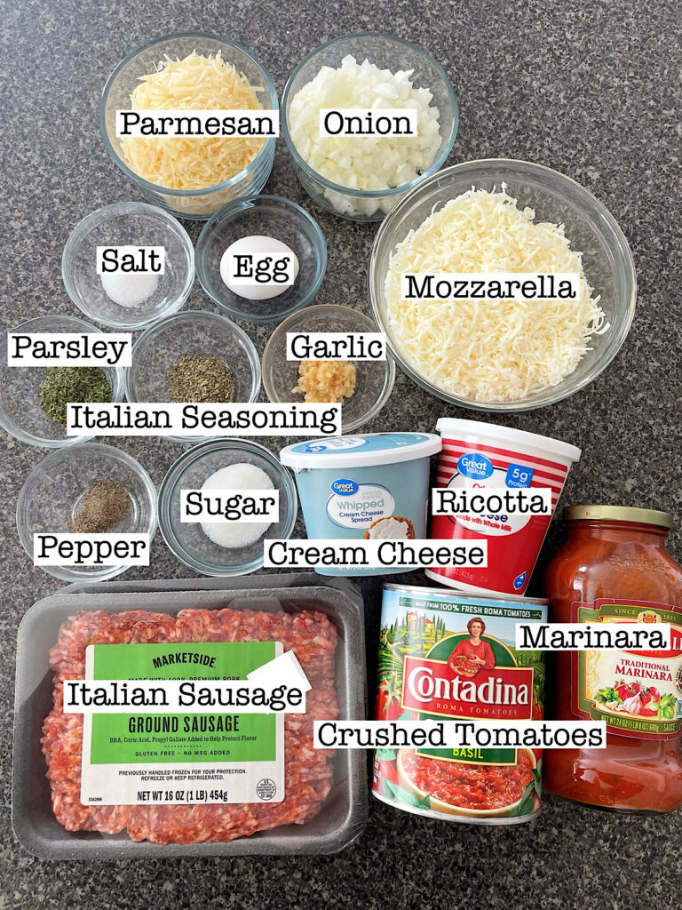 Ingredients assembled to make Million Dollar Lasagna.