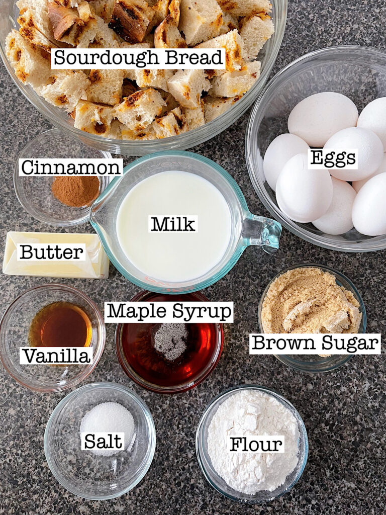 Ingredients for cinnamon crunch french toast casserole.