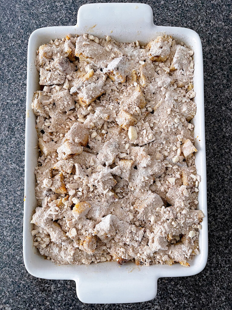 French toast casserole topped with cinnamon struesel.