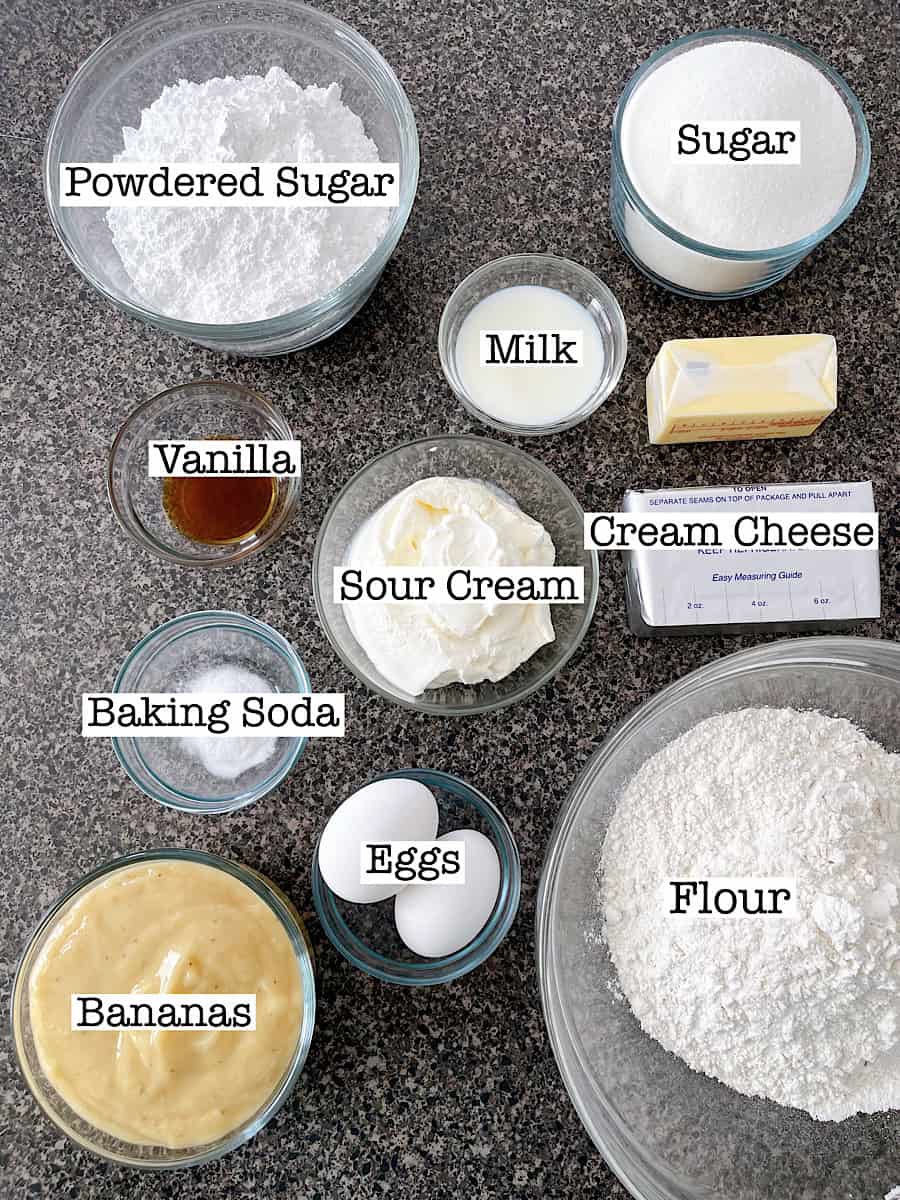 Ingredients to make frosted banana bread bars.