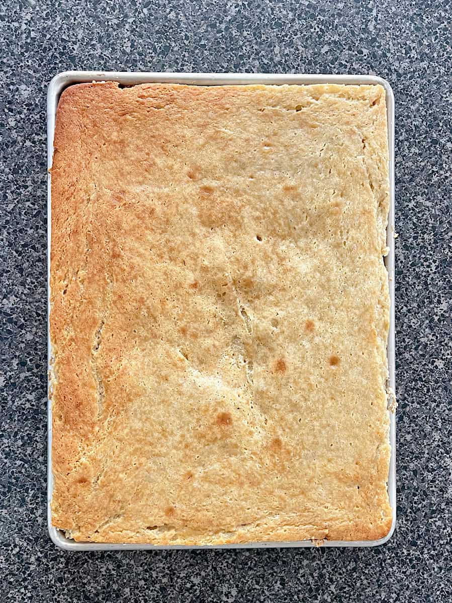 Banana bread in a sheet pan.