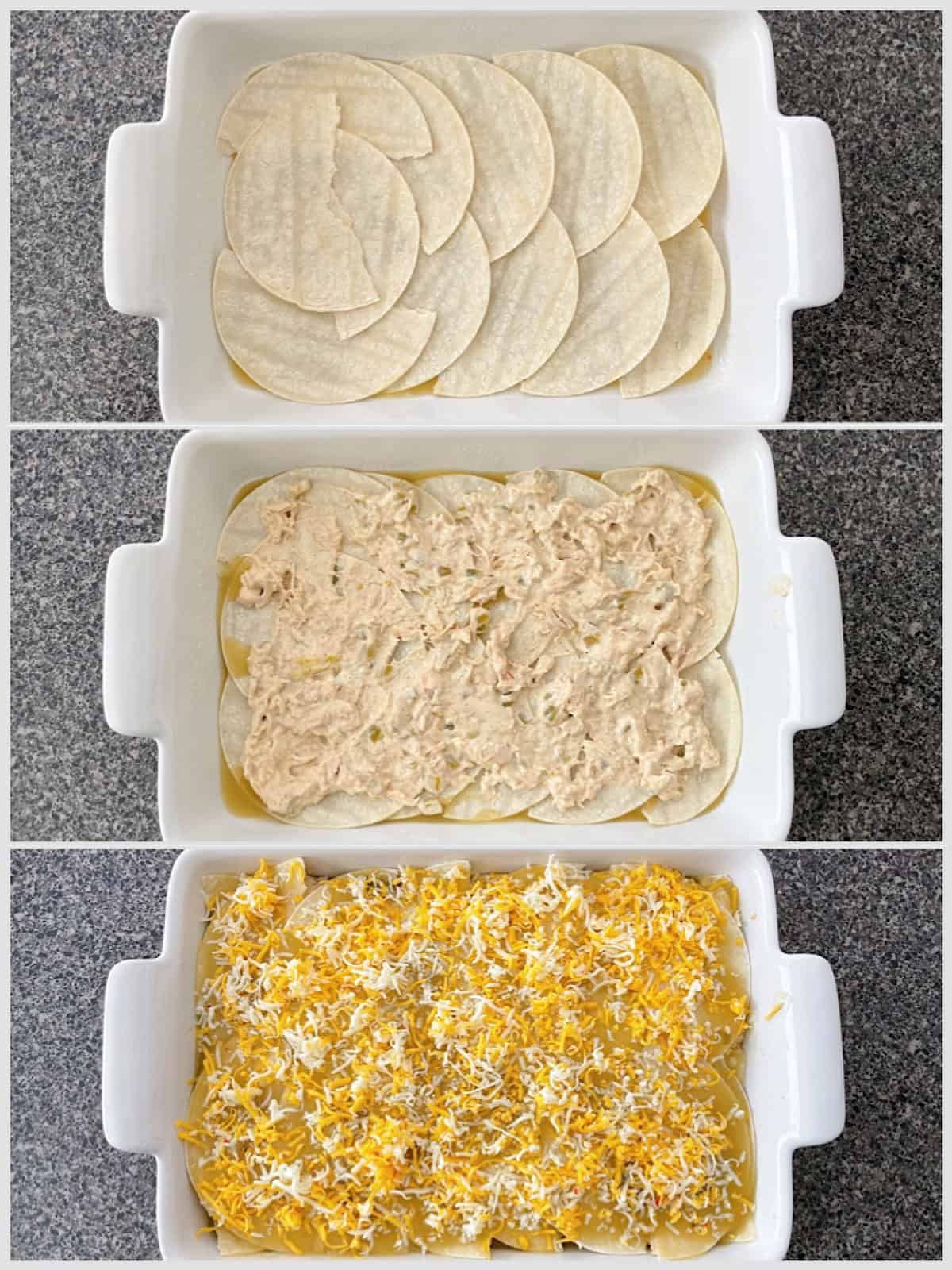 Layers of stacked green chile chicken enchiladas.