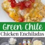 A photo collage of stacked green chile chicken enchiladas.