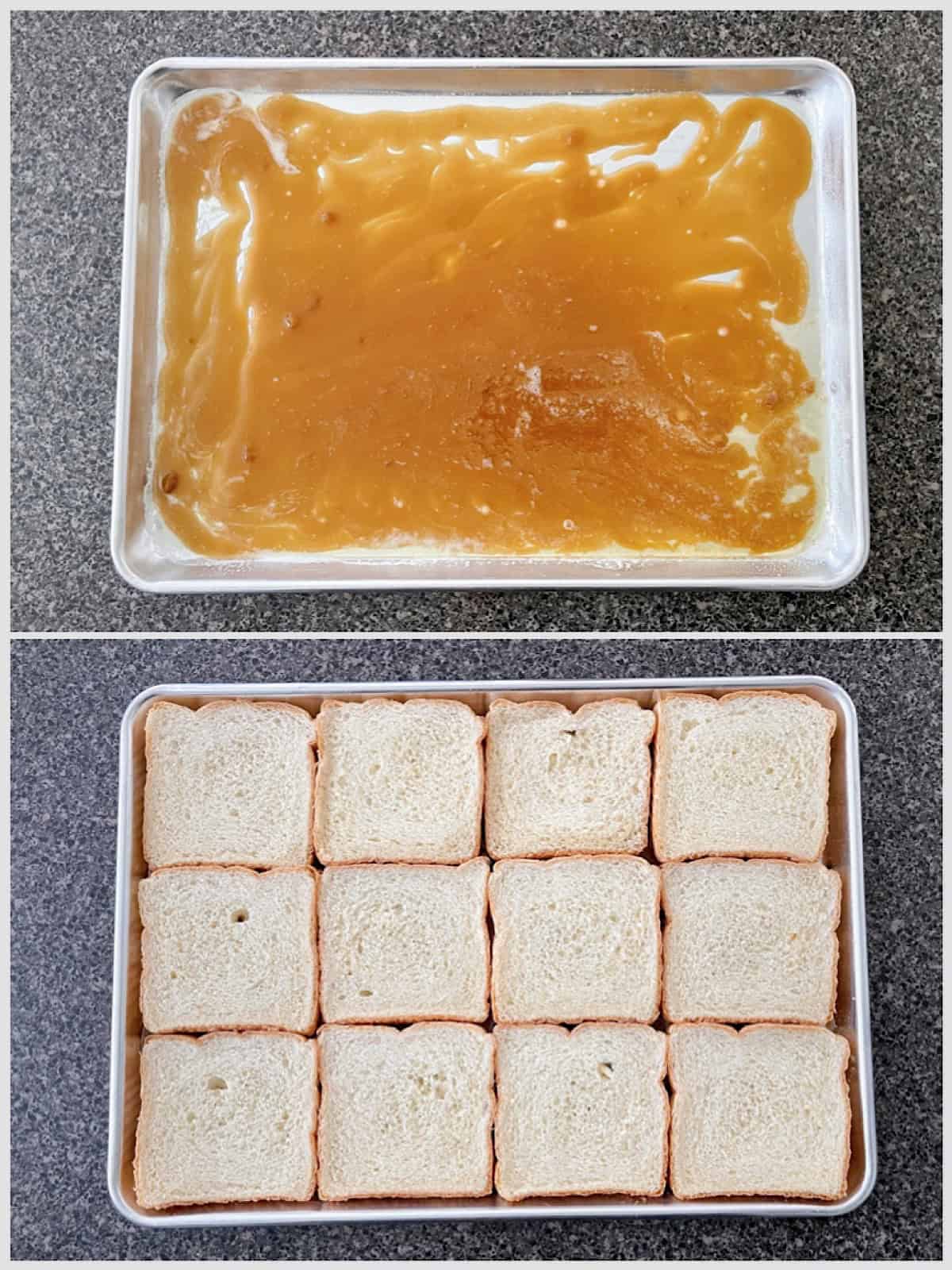 A photo of melted butter and brown sugar on a baking sheet followed by a photo of slices of Texas Toast on the same baking sheet.