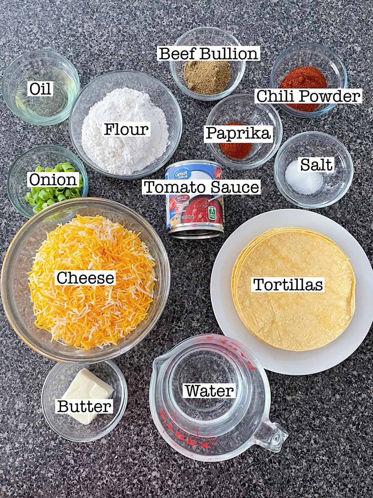 Ingredients to make restaurant-style cheese enchiladas.