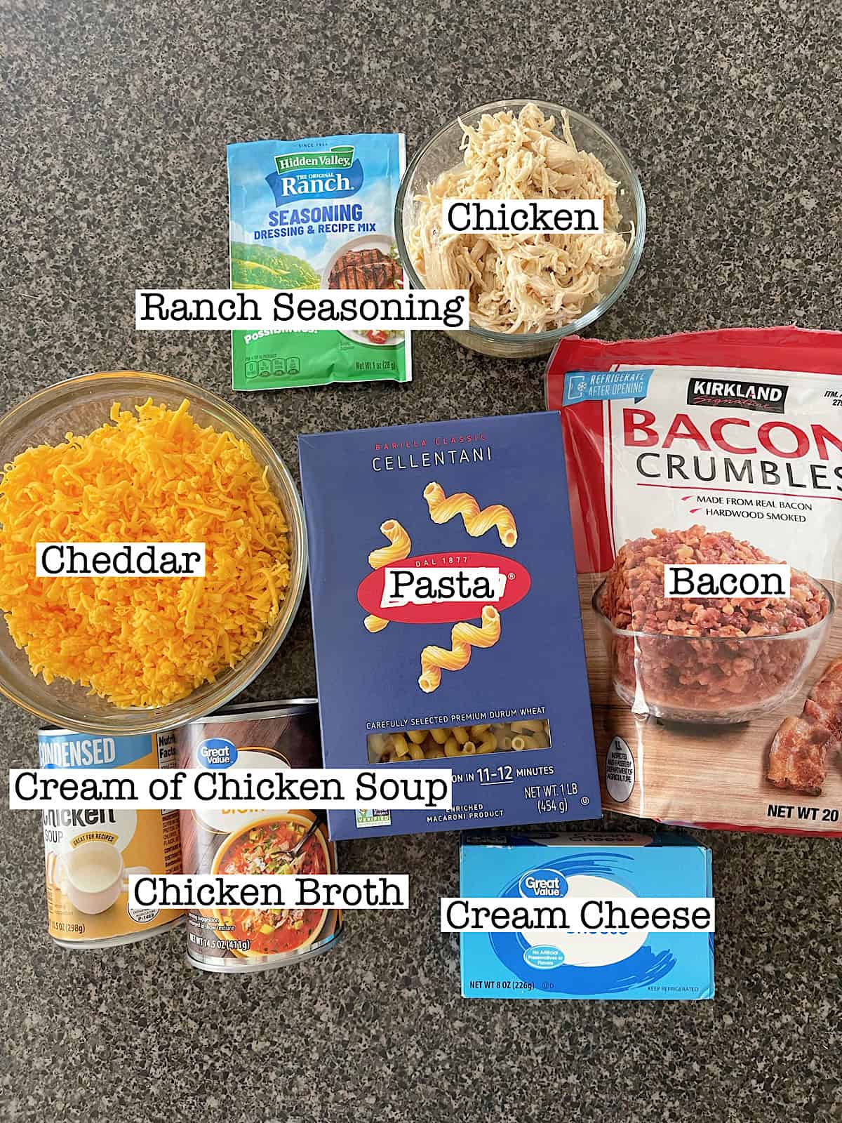 Ingredients for Crack Chicken Pasta.