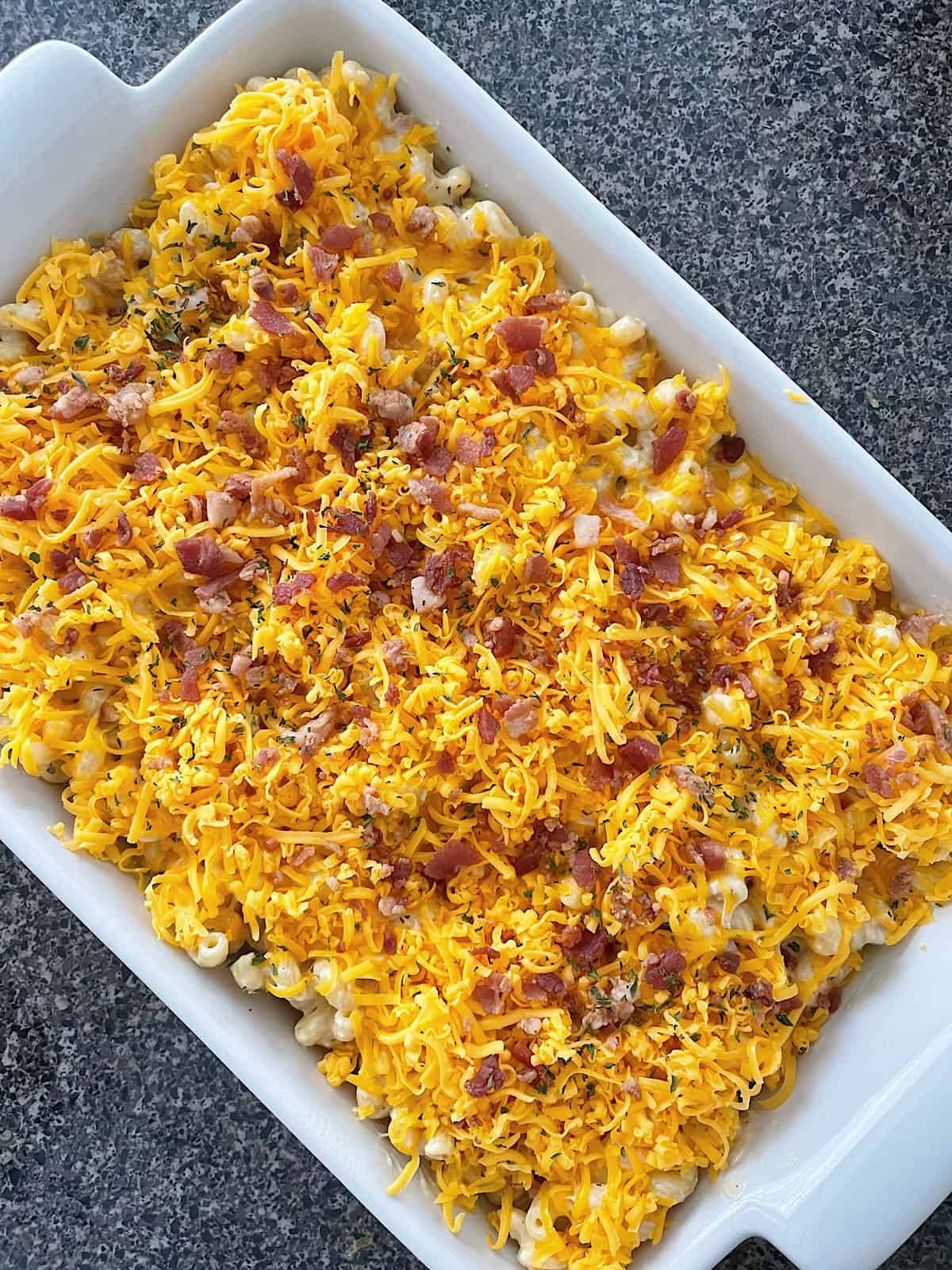 A white baking dish of Crack Chicken Pasta.