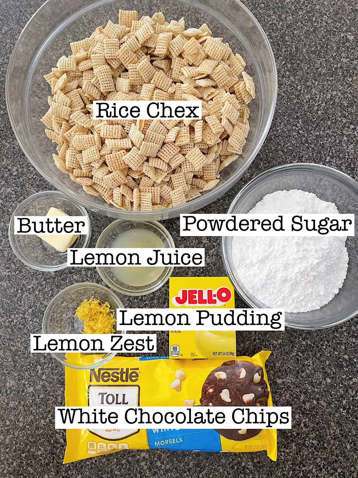 Ingredients to make Lemon Pie Muddy Buddies.