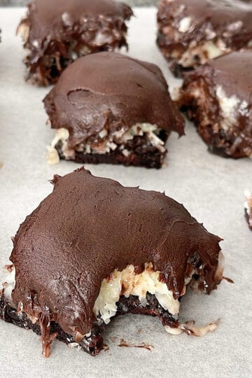 A Mounds Brownie with creamy coconut and dark chocolate frosting.