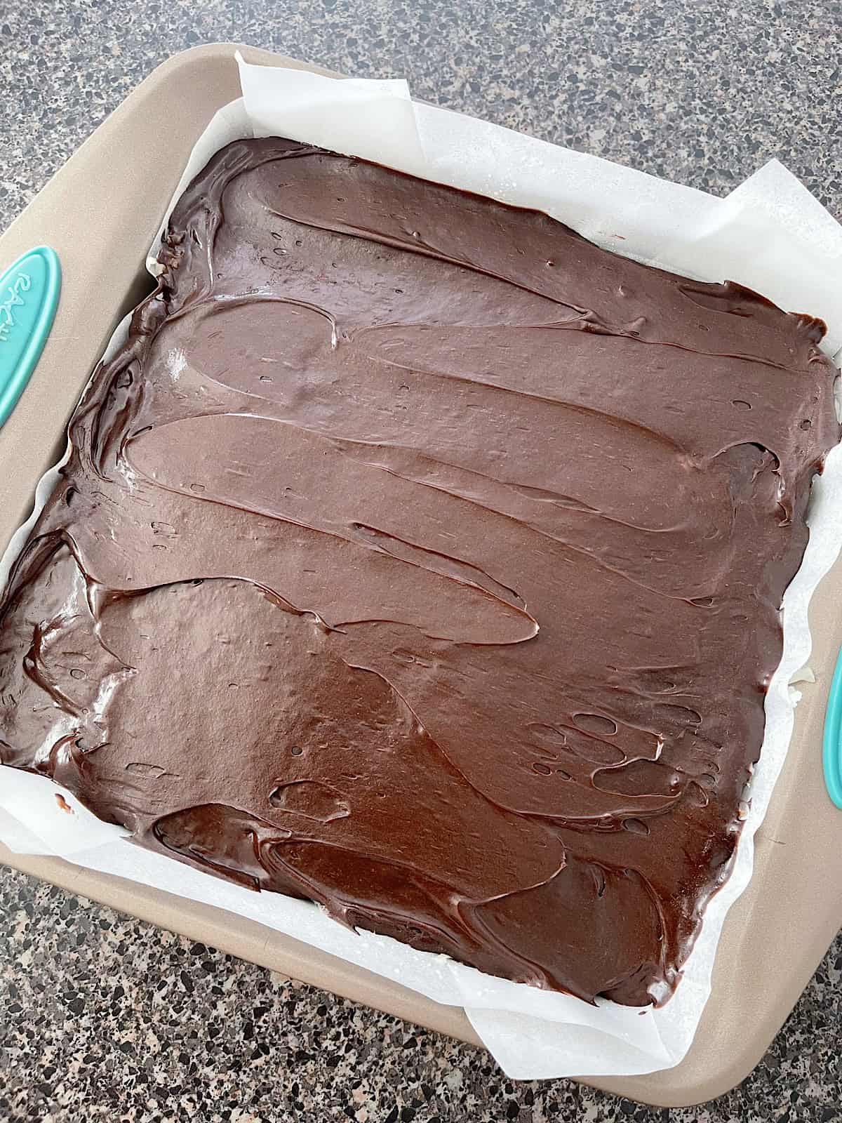 Frosted Mounds brownies in a baking dish.