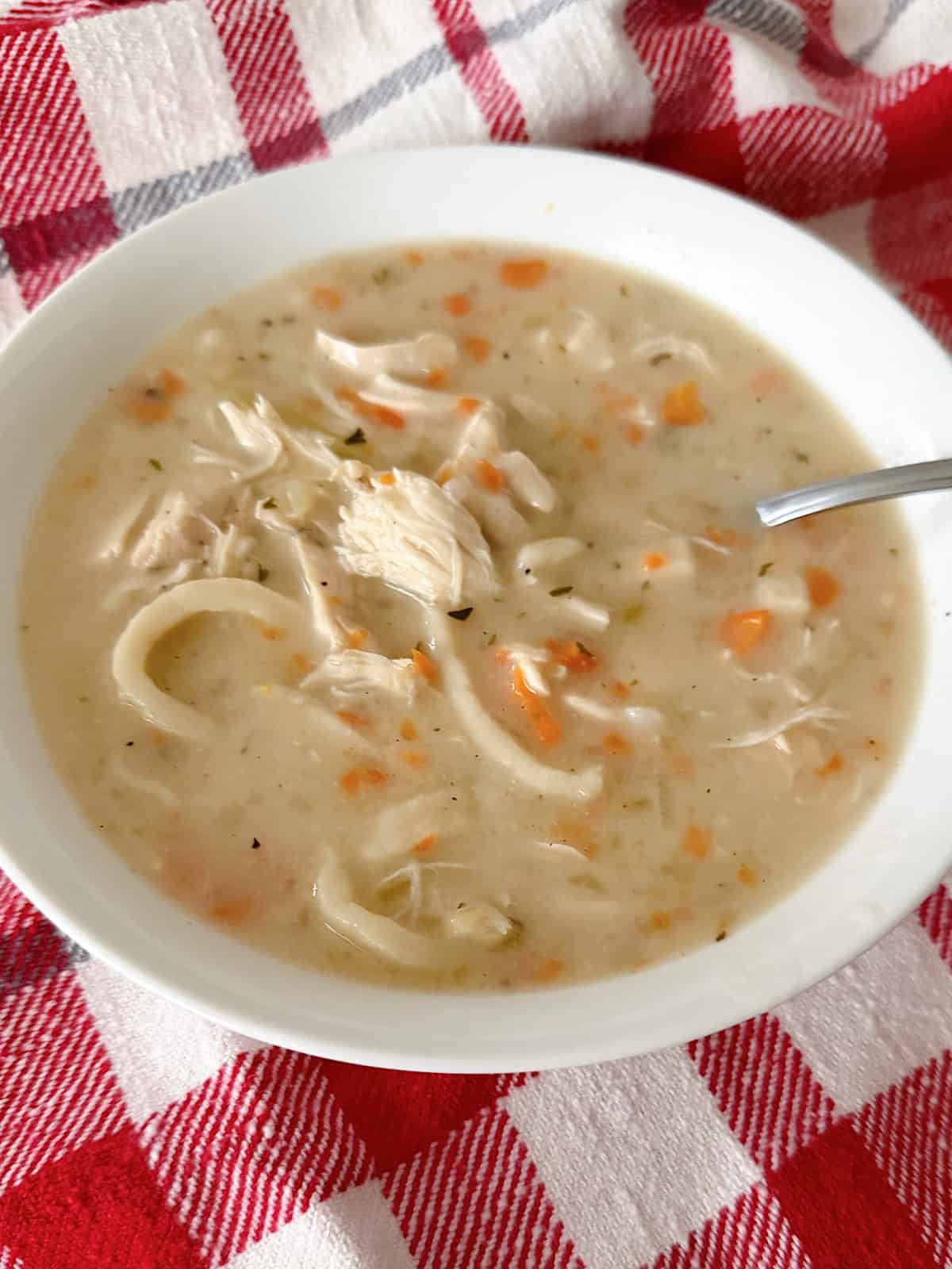 A bowl of creamy chicken noodle soup on a red and white towel.