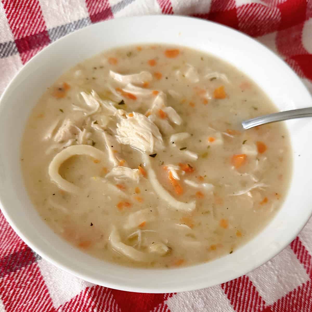 A bowl of creamy chicken noodle soup on a red and white towel.