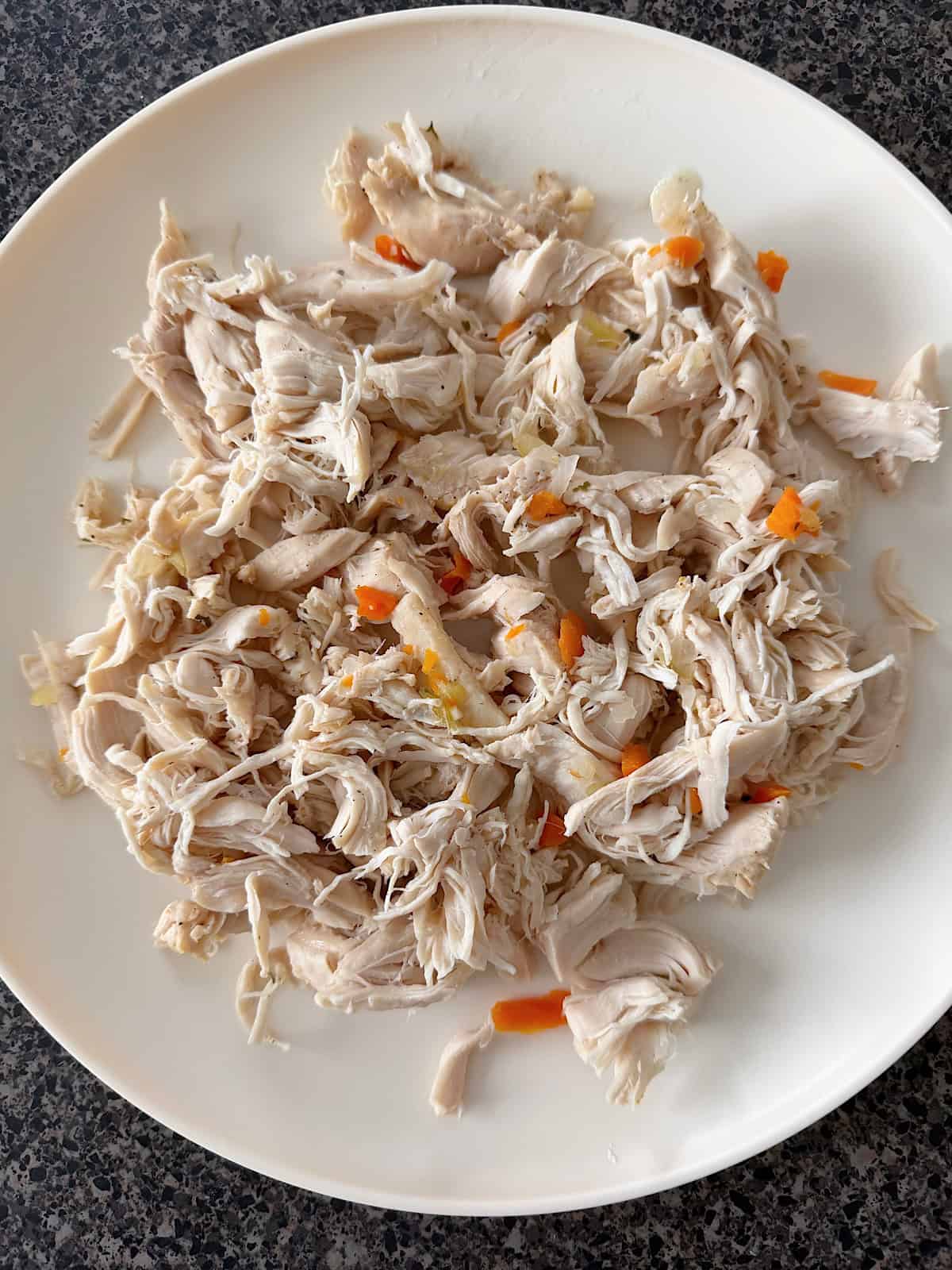 Shredded chicken on white plate.