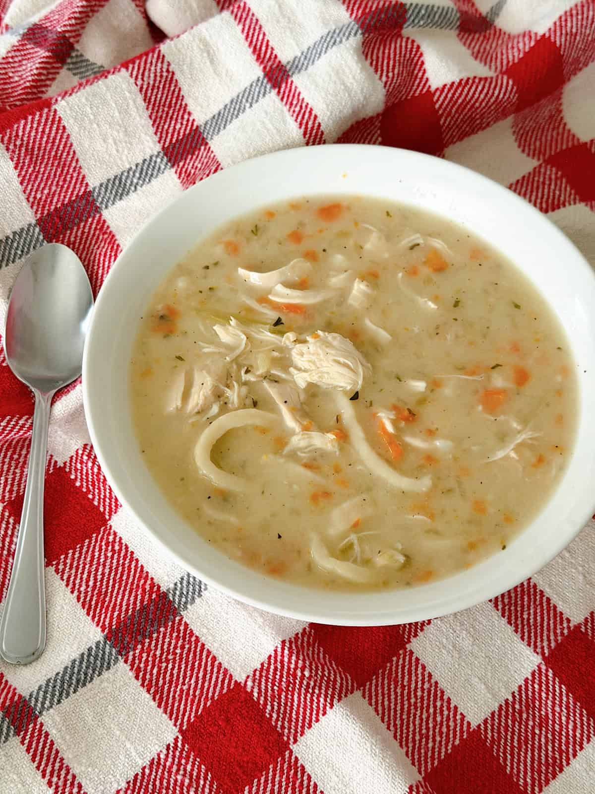 A bowl of creamy chicken noodle soup on a red and white towel.