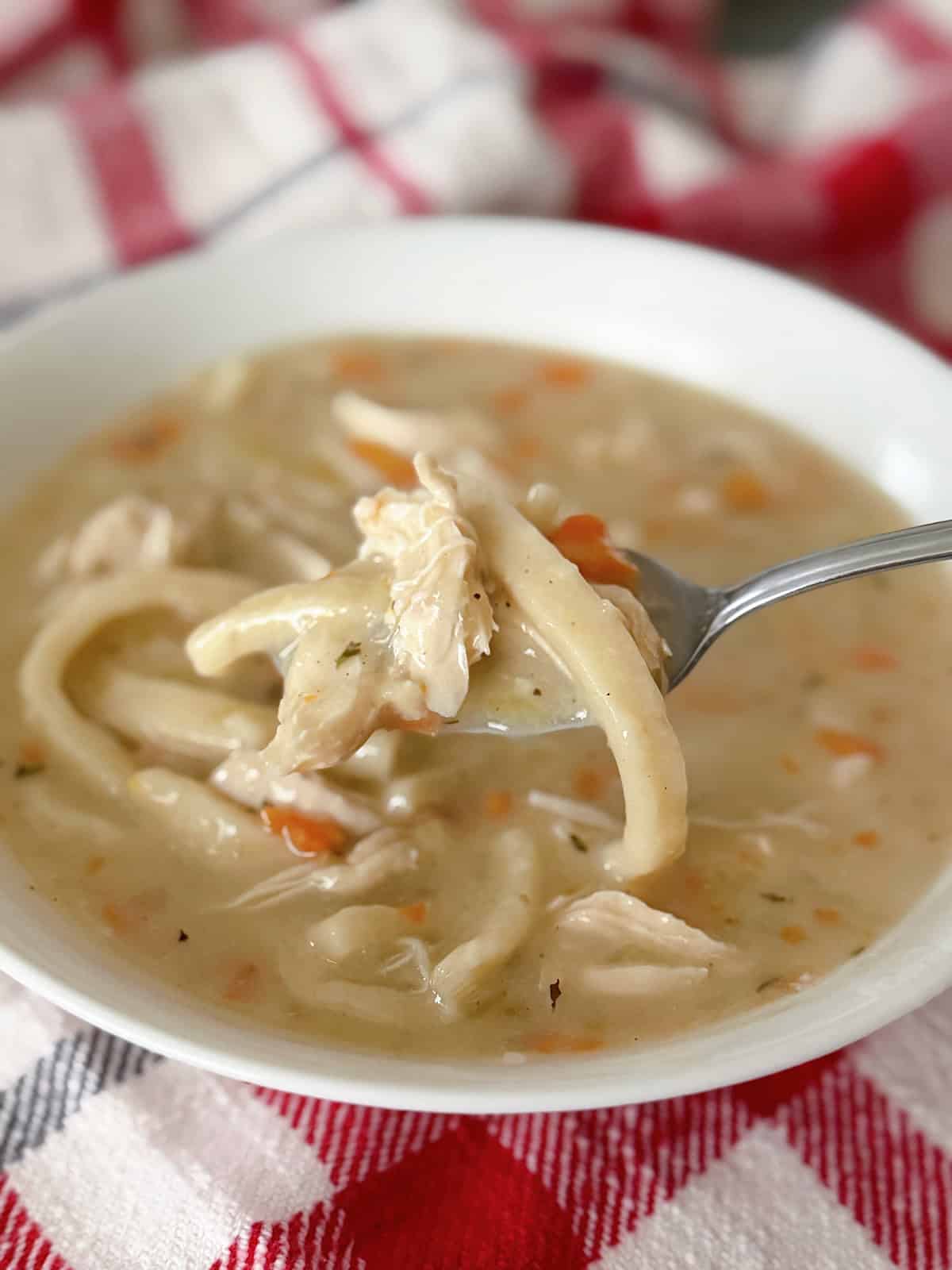 A bowl of creamy chicken noodle soup on a red and white towel.