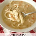 A bowl of creamy chicken noodle soup on a red and white towel.