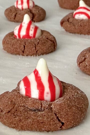 Chocolate peppermint blossoms on parchment paper.