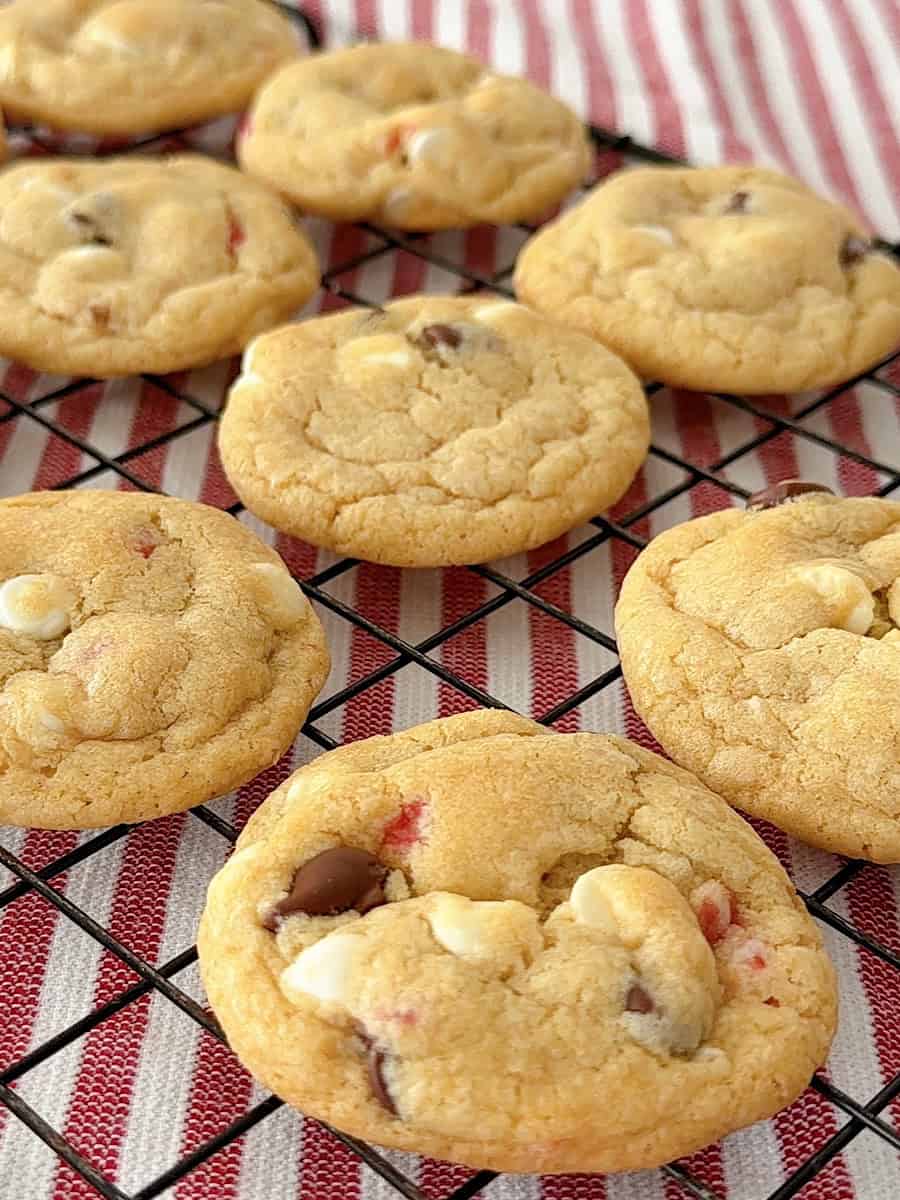 White Chocolate Peppermint Cookies on a cooling rack.