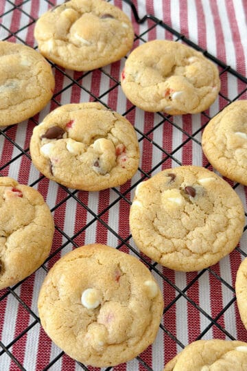 White Chocolate Peppermint Cookies on a cooling rack.