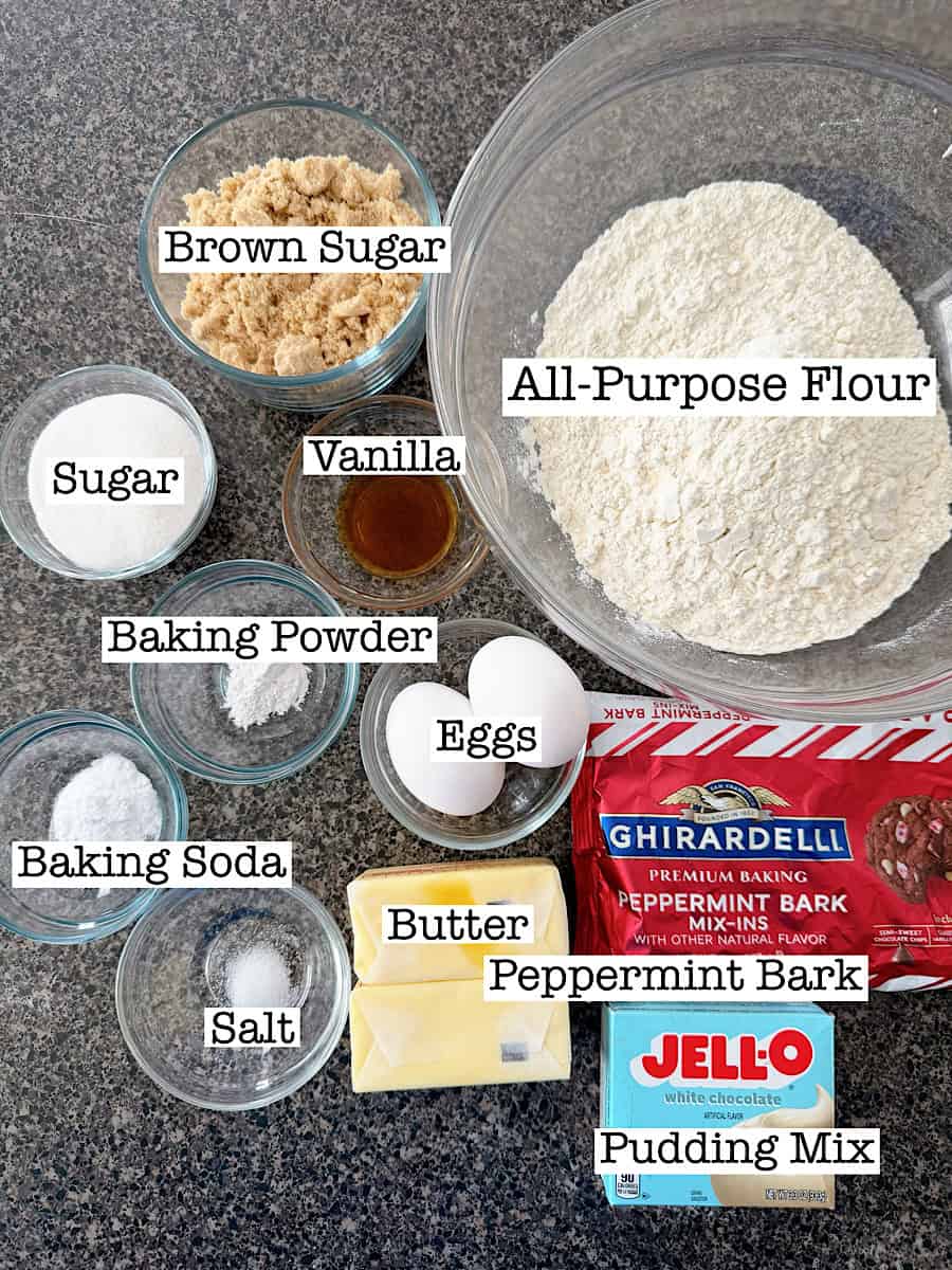 Ingredients to make white chocolate peppermint bark cookies.