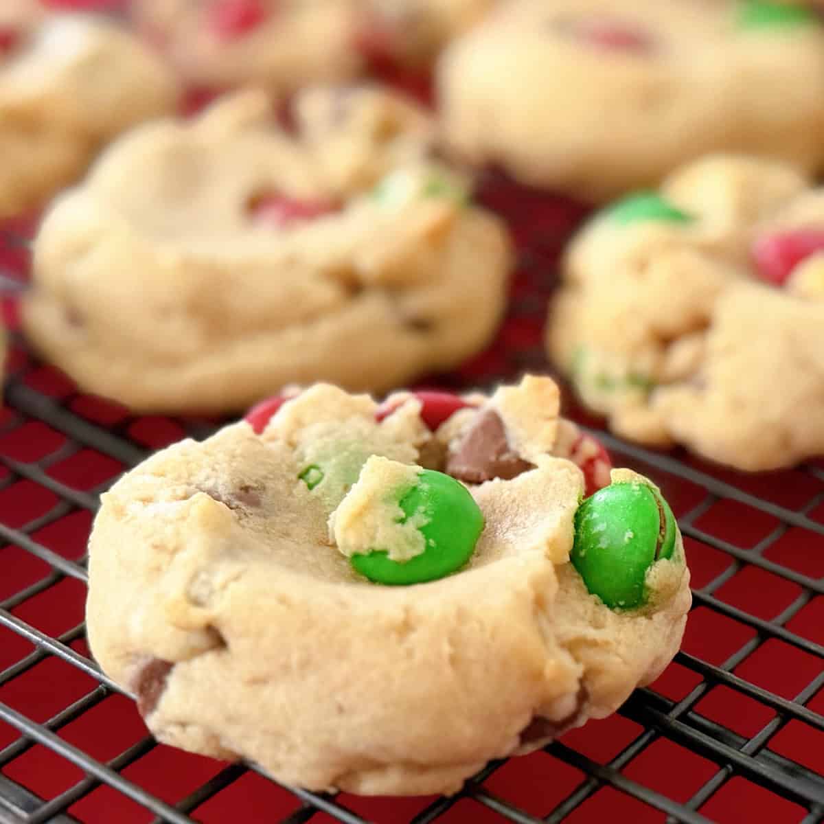 M&M Christmas cookies on a wire rack