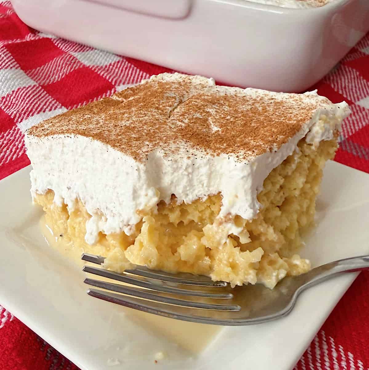 A slice of Eggnog Tres Leches Cake.