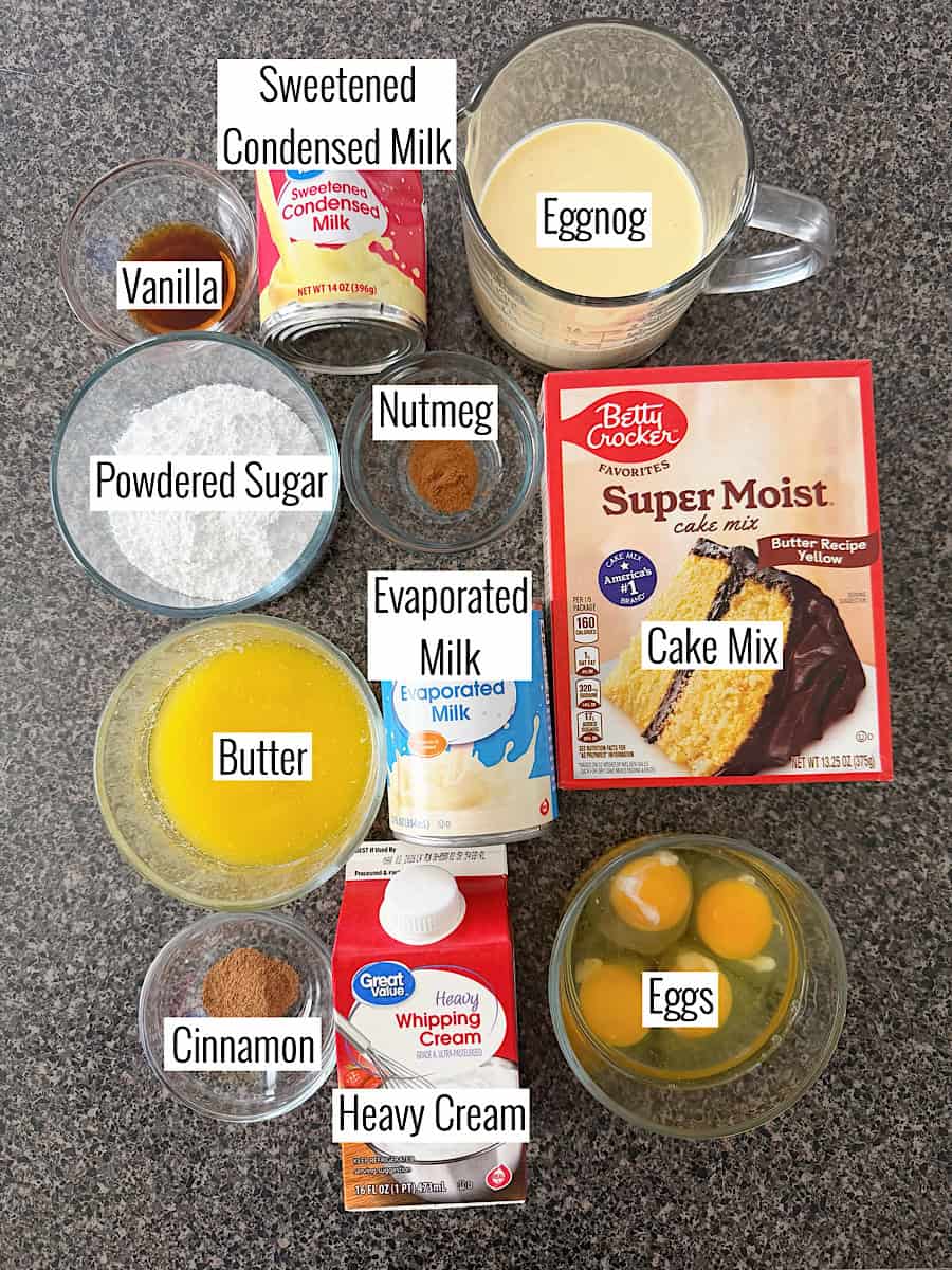 Ingredients for Eggnog Tres Leches Cake.
