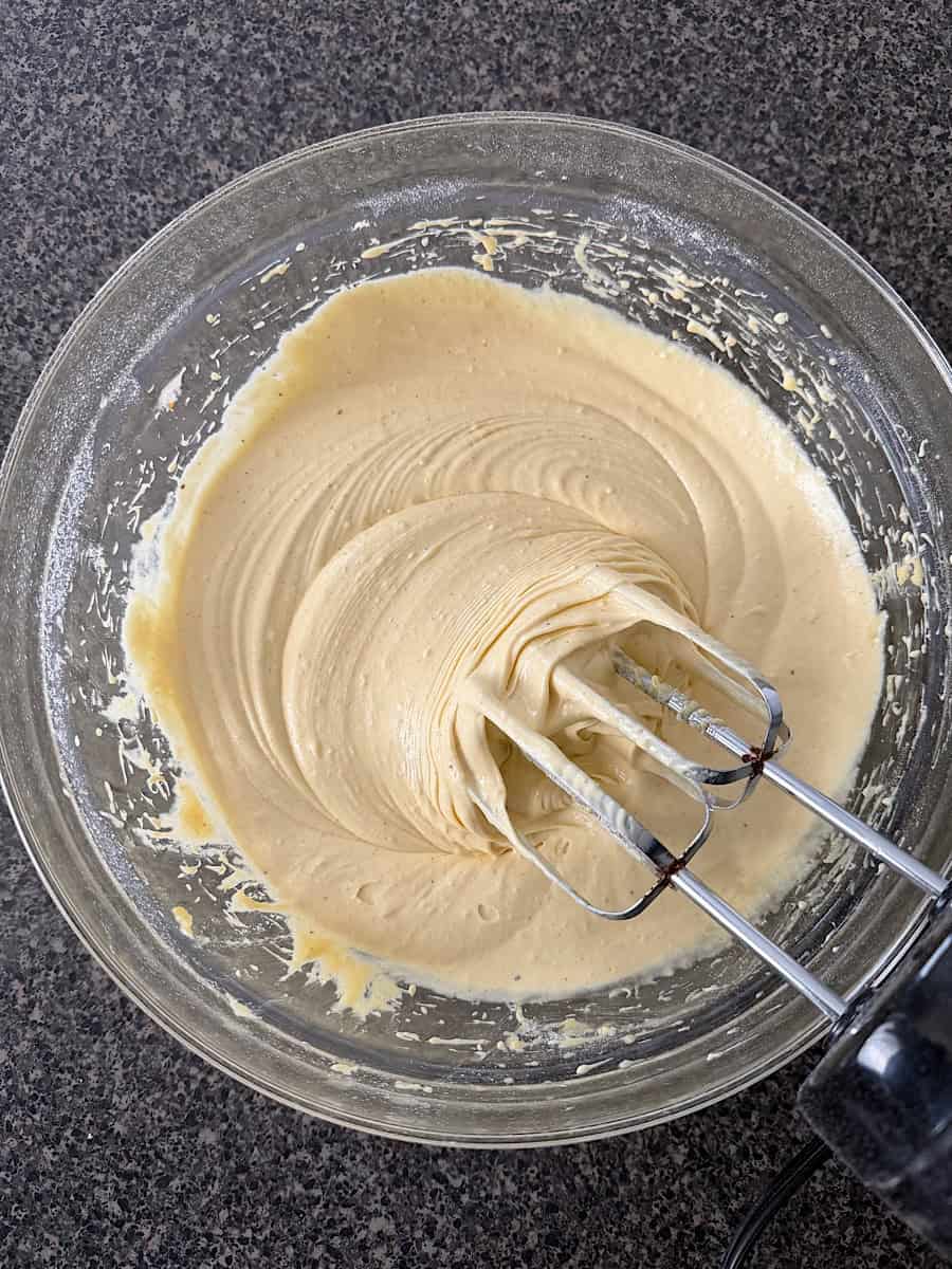Eggnog cake batter in a mixing bowl.