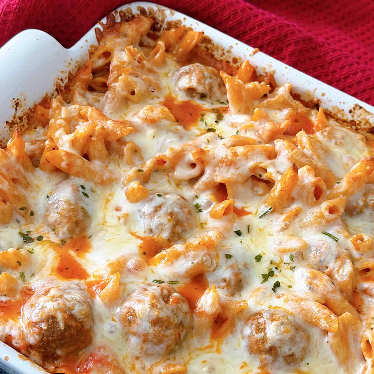 Meatball Casserole in a white baking dish.