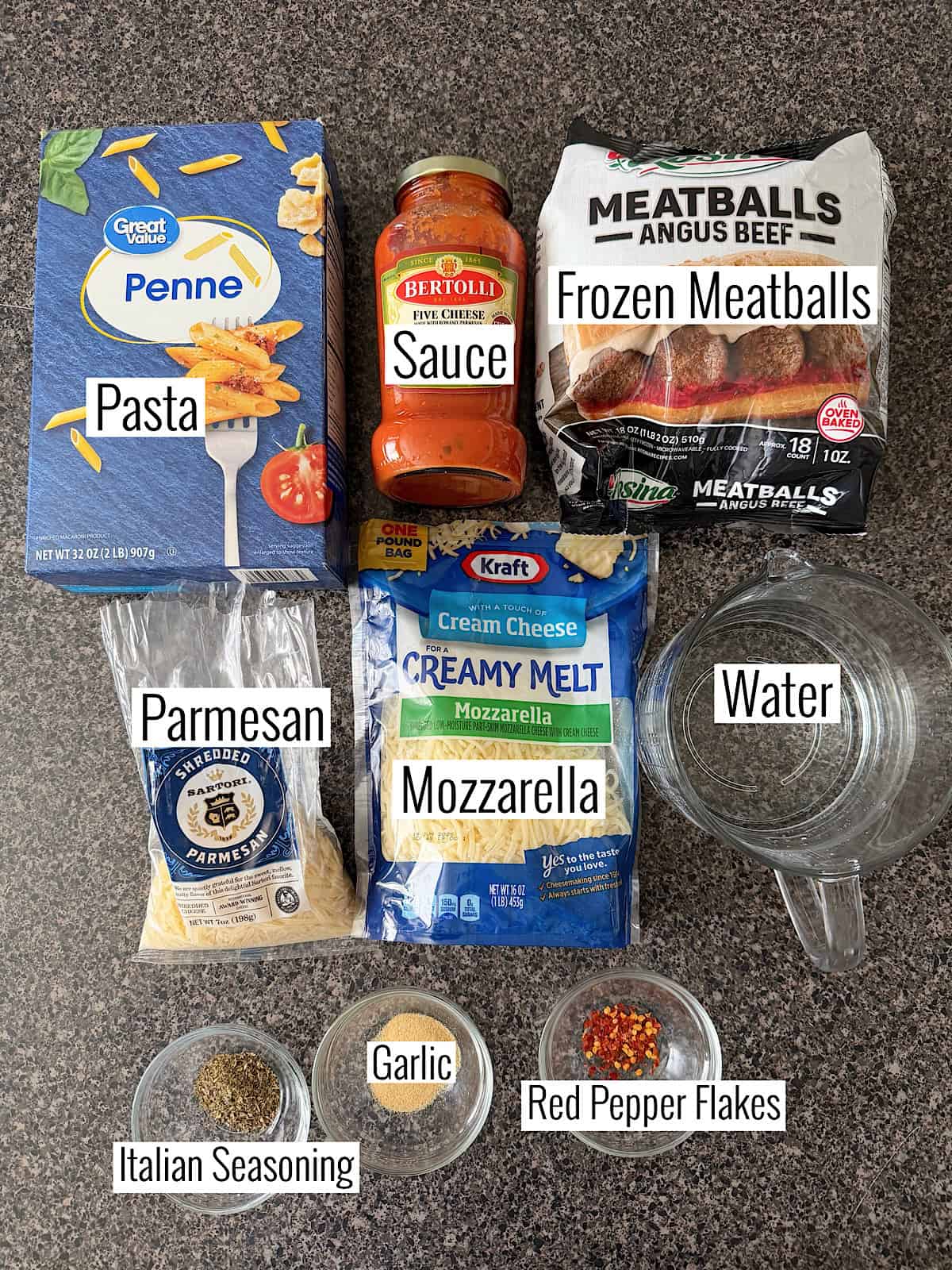 Ingredients to make Dump & Bake Meatball Casserole.