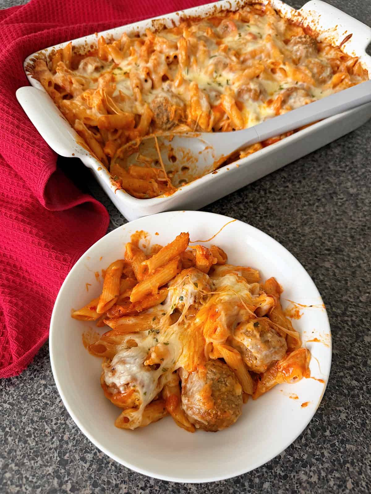 A dish of Dump and Bake Meatball Casserole.