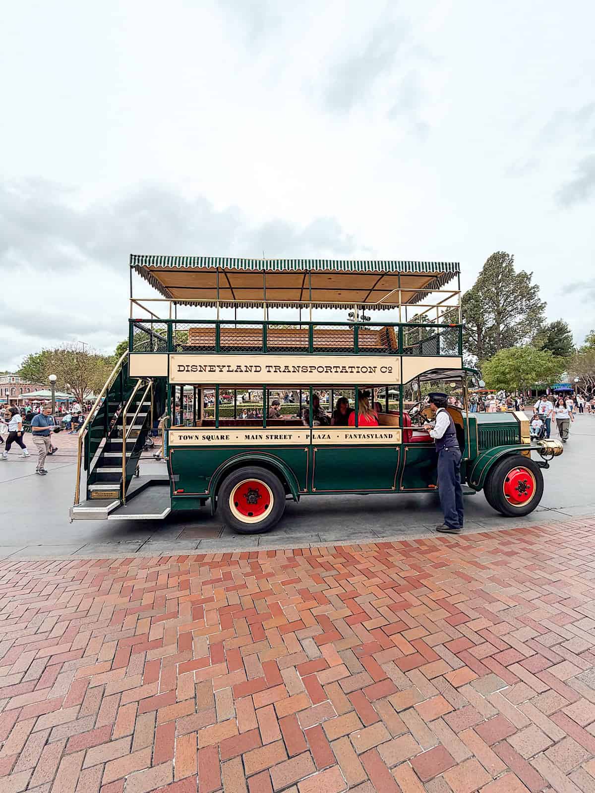A double-decker bus on Main Street, U.S.A at Disneyland Park.