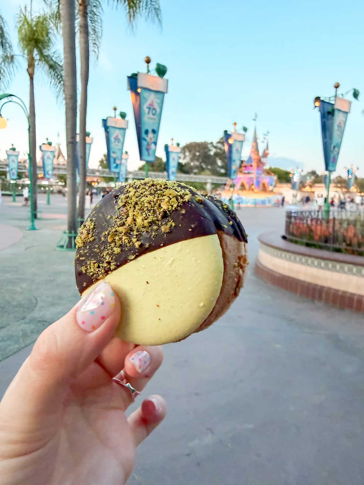 Dubai chocolate macaron from Kayla's Cakes in Downtown Disney.
