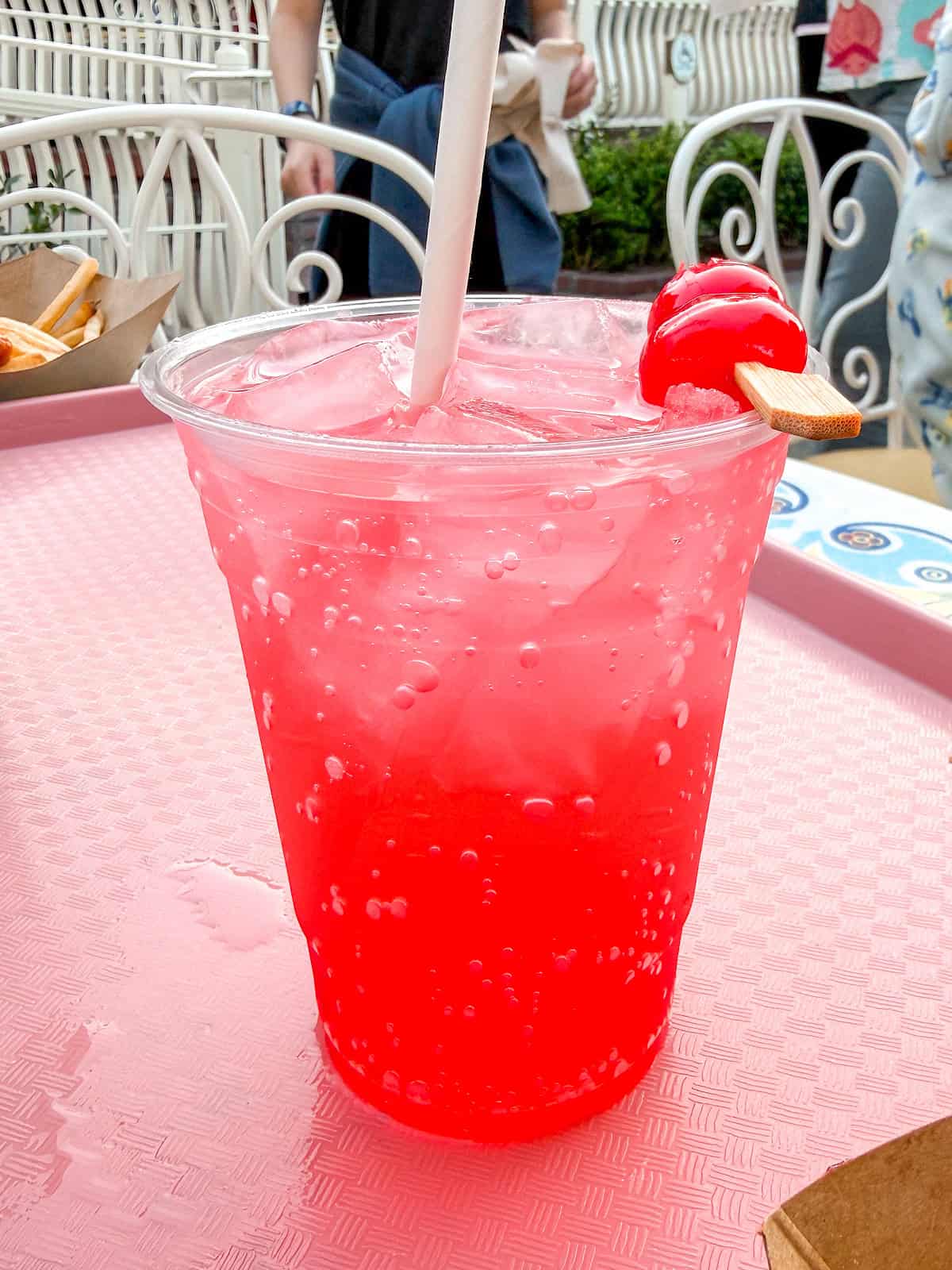 A Shirley Temple drink from Stage Door Cafe at Disneyland.