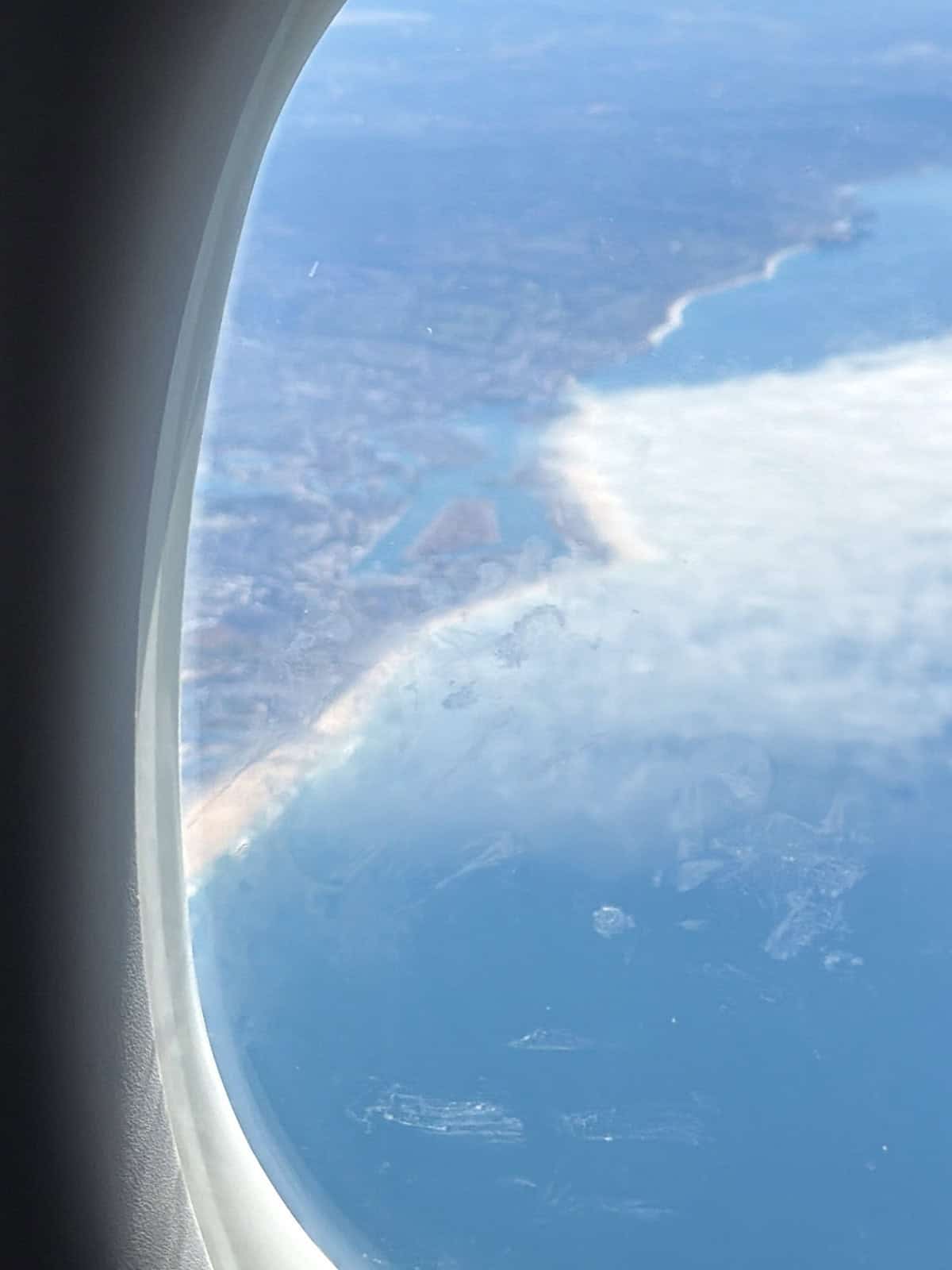 A view of the California Coast from an airplane window.